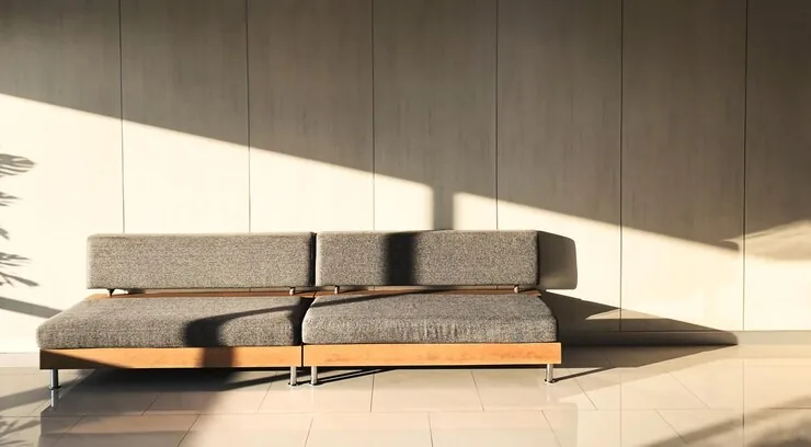 Living room with a low sofa, a wood-clad wall and sunlight falling across the floor